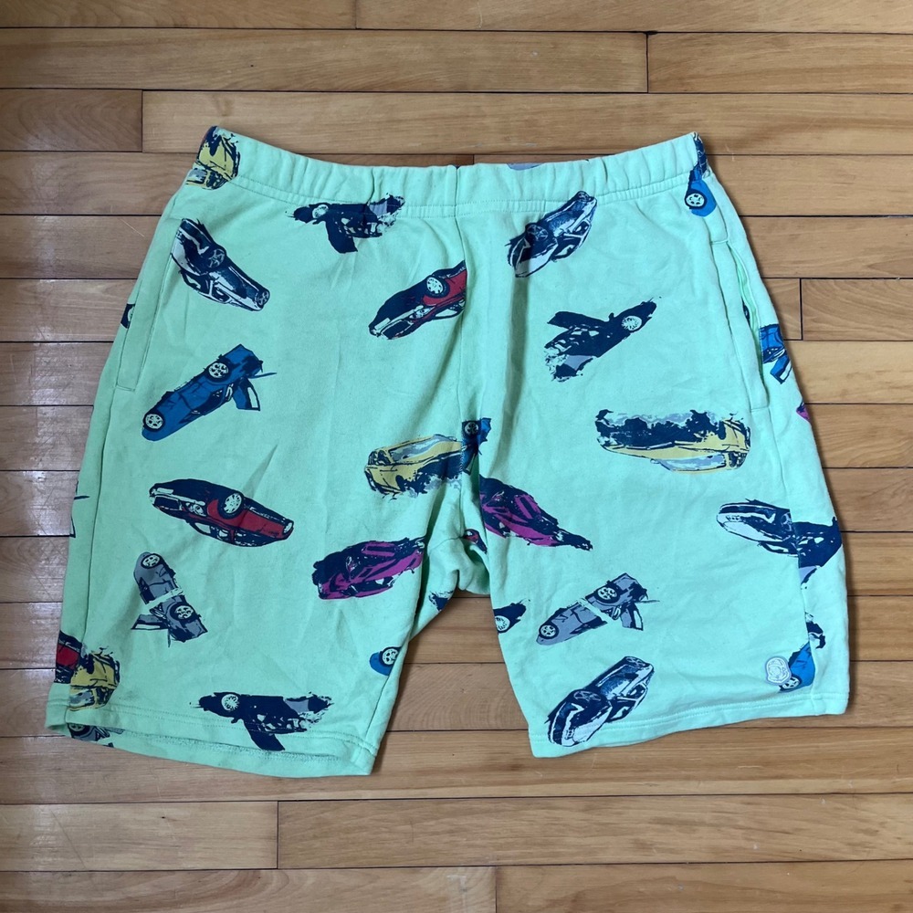 Billionaire Boys Club Mens XL Mint Green Crashed Car Graphic Sweat Shorts BBC